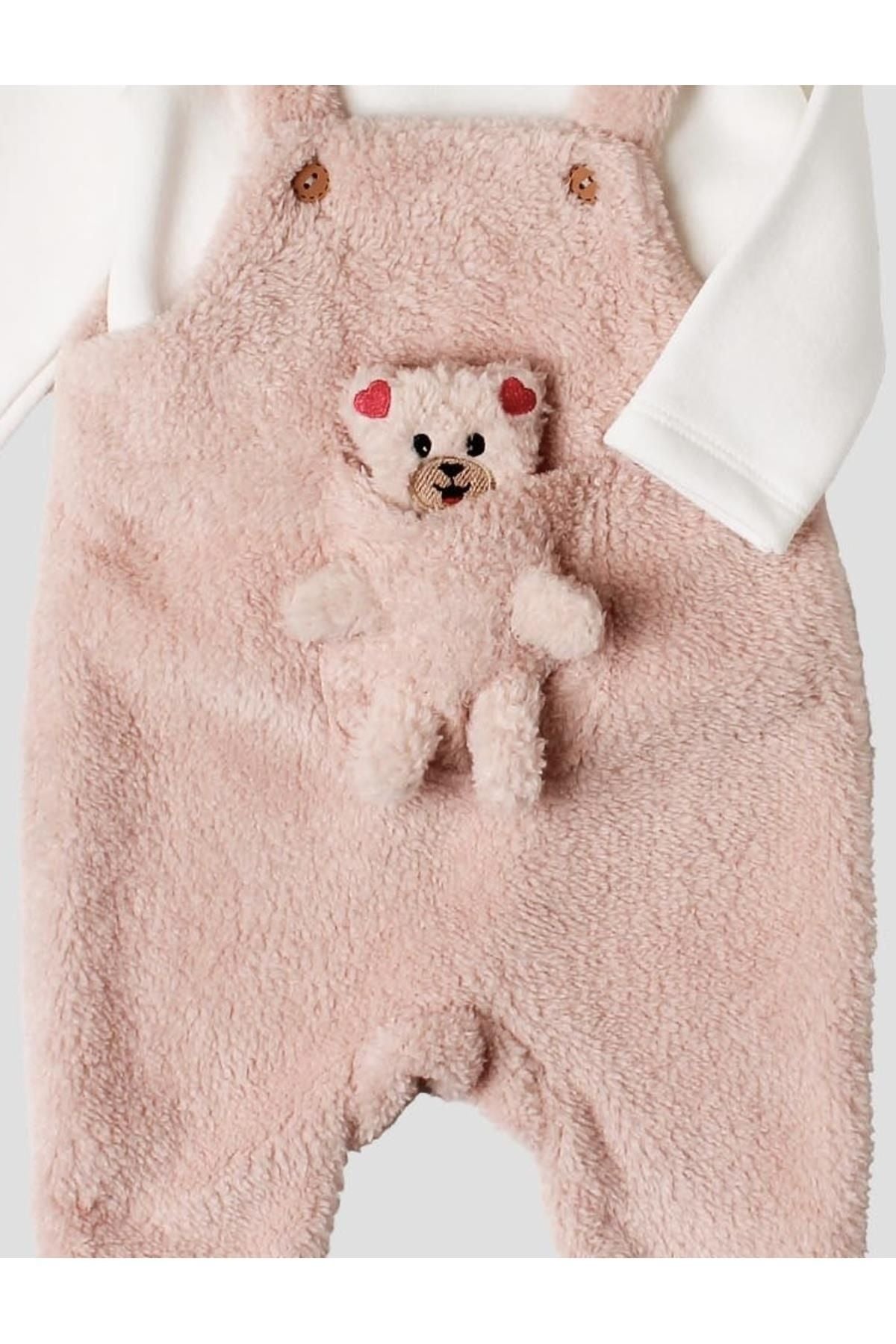 Kışlık tatlı peluş ikili takım kız bebek salopet sweatshirt